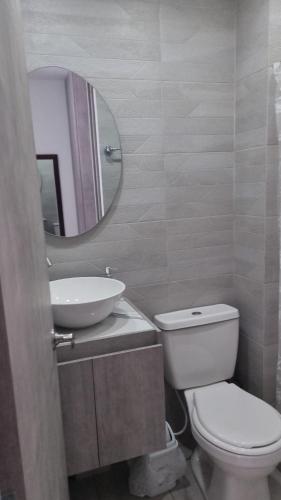 a bathroom with a toilet and a sink and a mirror at Oasis Panelero Apartamento Familiar Villeta in Villeta