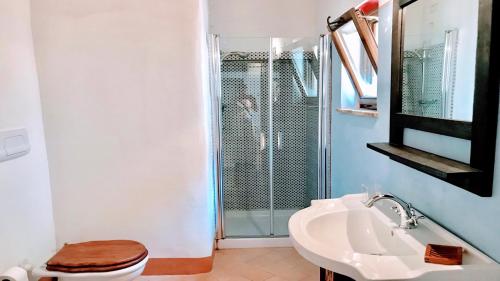 y baño con ducha, aseo y lavamanos. en Spoleto Tranquilitapoolslps 20spoleto 15 Mins, en Morro