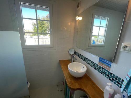 une salle de bain avec un lavabo et un miroir dans l'établissement Maison de vacances à 900m de la plage avec terrasses, parking, et cuisine équipée - FR-1-22-367, à La Tranche-sur-Mer