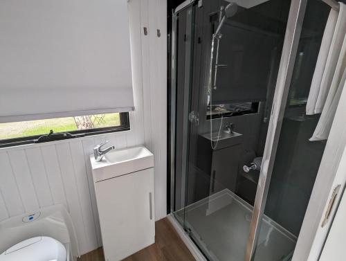 a small bathroom with a shower and a toilet at Tiny House 5 at Grampians Edge in Dadswells Bridge