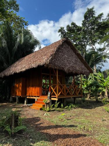 Cabaña pequeña con techo de paja en Hacienda Herrera Tambopata en Puerto Maldonado