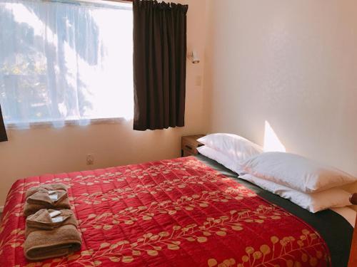 a bedroom with a bed with a red blanket and a window at Aaron Court Motel in Timaru