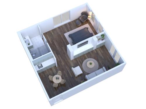 aometric view of a floor plan of a room at The Flying Fifty Hotel, a Luxury Boutique Hotel in Cullman