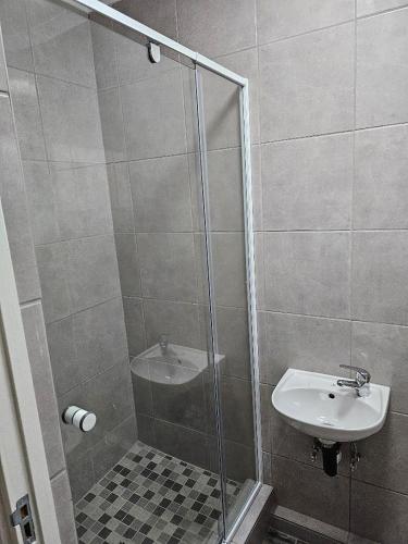 a bathroom with a shower with a sink and a toilet at HAGAR LODGE in Mid Illovo