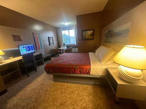 a hotel room with a bed and a desk and a television at Hotel Pacific Garden in Gardena