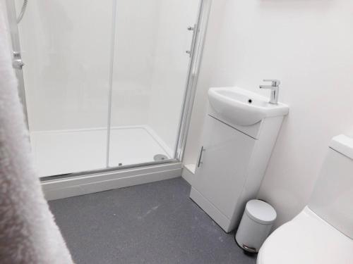 a white bathroom with a sink and a shower at City Center Ground Floor Flat With Patio &parking in Norwich