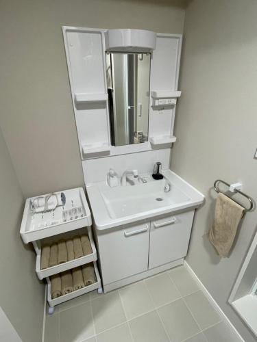 a white bathroom with a sink and a mirror at Sofil 函館First in Hakodate