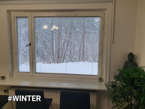 a window in a room with a snow covered tree at Nära metro, stranden och skogen. in Stockholm