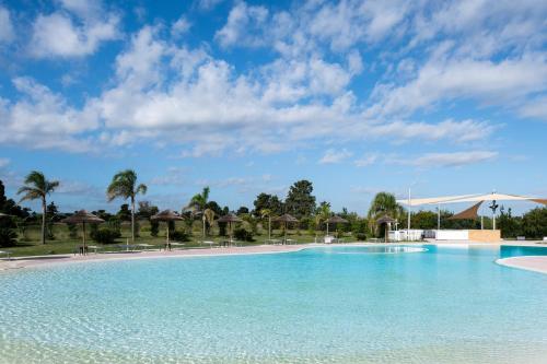 a large pool with blue water and palm trees at RESIDENCE ARCHIMEDE in Fanusa