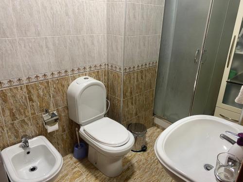 y baño con aseo y lavamanos. en Klik center Apartment, en Tirana