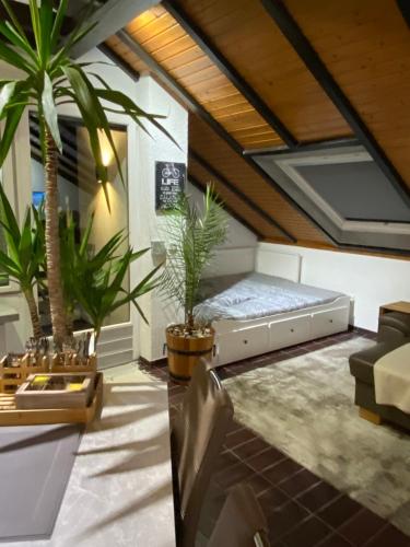 a bedroom with a bed and two palm trees at FeWo Skywalk Willingen in Stryck