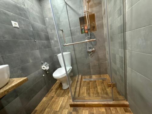 y baño con aseo y cabina de ducha de cristal. en Luxury Apartment next to Rio mall, en Ereván