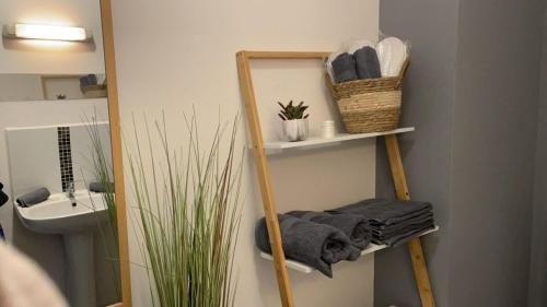 La salle de bains est pourvue d'un miroir et d'une étagère avec des serviettes. dans l'établissement COSY TRIPLEX PLEIN CENTRE maison de ville, à Boulogne-sur-Mer