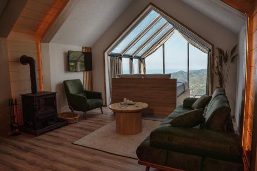 uma sala de estar com um sofá e uma lareira em WOODLiFE BUNGALOV em Rize