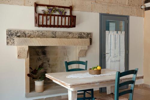 a dining room table with chairs and a fireplace at Dimore Opuntia in Spongano
