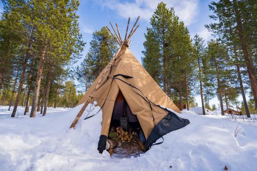 namiot teepee w śniegu w lesie w obiekcie Reindeer Lodge w mieście Jukkasjärvi