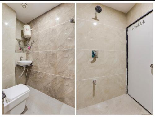 two pictures of a bathroom with a shower and a toilet at Hotel Hill View in Gandhinagar