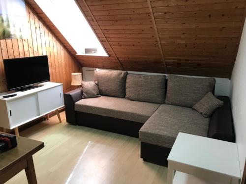 a living room with a couch and a tv at Ferienanlage Achtern Diek in Thalingburen