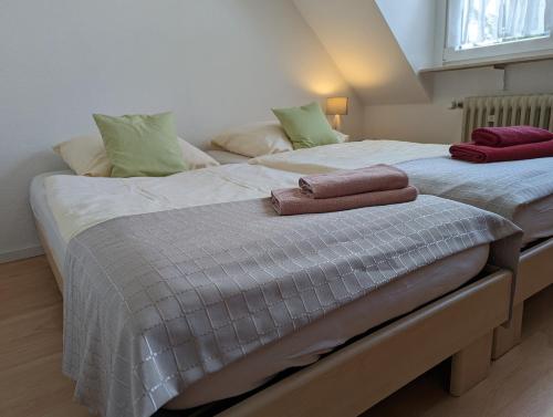 two beds sitting next to each other in a room at Haus Abendsonne Dachgeschoss klein in Koblenz