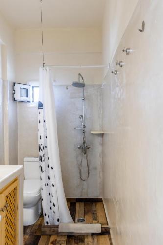 a bathroom with a shower with a toilet and a sink at UtopOia Apartment in Oia
