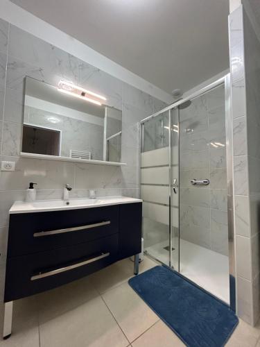 une salle de bain avec un lavabo et une douche en verre dans l'établissement Villa Mirabelle 4 personnes, à Châteauneuf-de-Gadagne