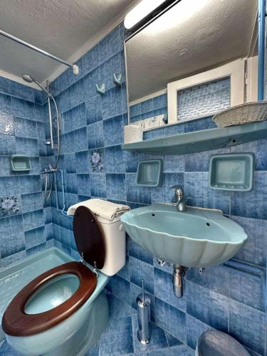 a blue tiled bathroom with a toilet and a sink at Le Coq Apartments in Mikonos