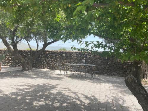 a table and chairs in front of a stone wall at Villa VEDA in Randazzo