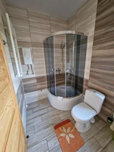 a bathroom with a toilet and a bath tub at Żwirowa Góra - Domki nad Narwią in Tykocin