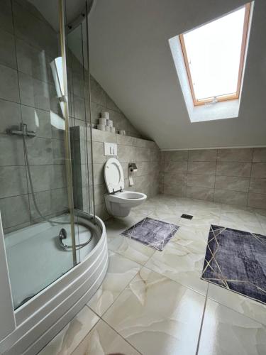 a bathroom with a shower and a toilet and a sink at Althea Home & Wellness in Bihać