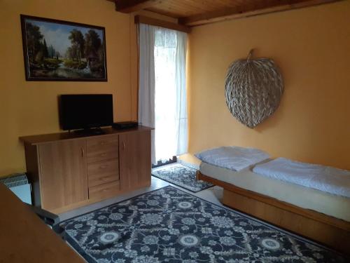 a bedroom with a bed and a tv and a window at Chata Rynartice 7 in Jetřichovice