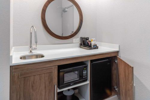 a bathroom with a sink and a microwave under a mirror at Hampton Inn & Suites Indianapolis West Speedway in Indianapolis