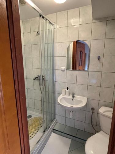 a bathroom with a shower and a sink at Agroturystyka u Ireny in Mizerna
