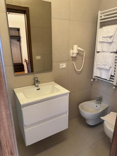 a bathroom with a sink and a toilet and a mirror at Agriturismo La Rosa Dei Venti in Lanciano