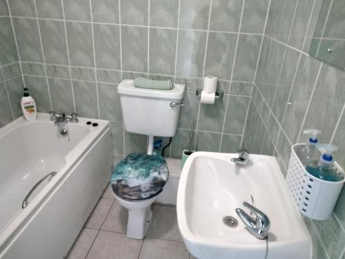 La salle de bains est pourvue de toilettes, d'un lavabo et d'une baignoire. dans l'établissement Atlantic Point Stunning Sea View, à Bundoran
