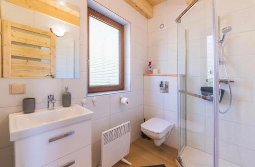 ein Bad mit einem WC, einem Waschbecken und einer Dusche in der Unterkunft Karmelowe Domki Kaszuby, 80m do jeziora in Stężyca