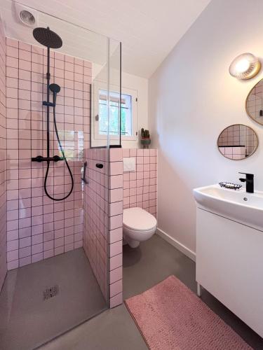 une salle de bains rose avec toilettes et lavabo. dans l'établissement Charmante maison avec Jardin, à Angresse