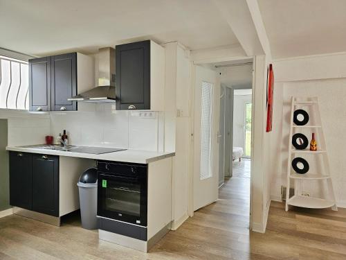 une cuisine avec des armoires noires et un comptoir dans l'établissement Appartement lumineux et calme en rez-de-jardin, à Castanet-Tolosan