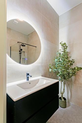 a bathroom with a sink and a mirror and a potted plant at Stylish apartment next to the Amstel River - Unit A in Amsterdam