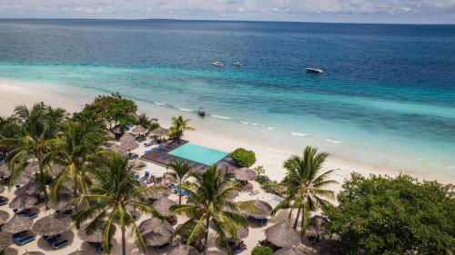 een luchtzicht op een strand met palmbomen en de oceaan bij My Blue Hotel Zanzibar in Nungwi