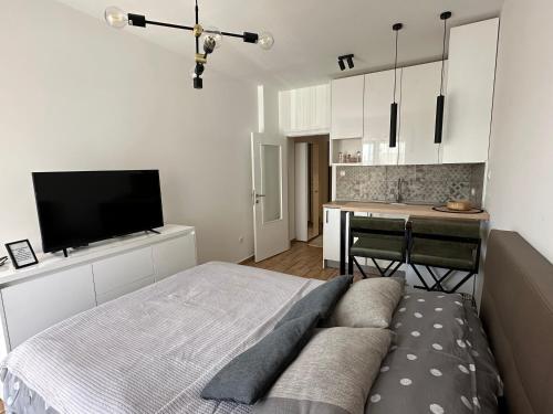 sala de estar con cama y cocina en WIN centar apartman, en Trebinje