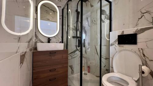 La salle de bains est pourvue de toilettes, d'un lavabo et de miroirs. dans l'établissement Superbe Villa EmmaZen climatisée, à Sainte-Maxime