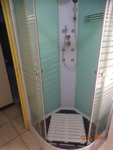 a shower with a glass door next to a shower at Le gîte du jardin in Gros-Morne