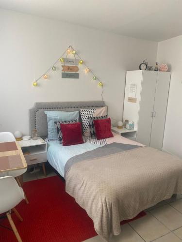 Vaires-sur-Marne的住宿－Chez Simina，一间卧室配有一张带红色枕头的床和一张书桌
