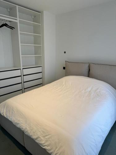 une chambre avec un lit blanc et un placard dans l'établissement Spatieux T3 60m2 Annecy - Parking Privé - WIFI - Netflix, à Annecy