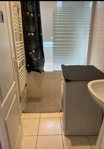 une salle de bain avec une douche, un lavabo et une baignoire dans l'établissement Agréable Appartementbuttes-Chaumont, à Paris