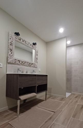 une salle de bain avec un lavabo et un miroir dans l'établissement Studio au pied du château., à Saint-Aignan