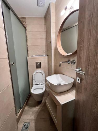 a bathroom with a toilet and a sink and a mirror at Xanemos Studios in Skiathos