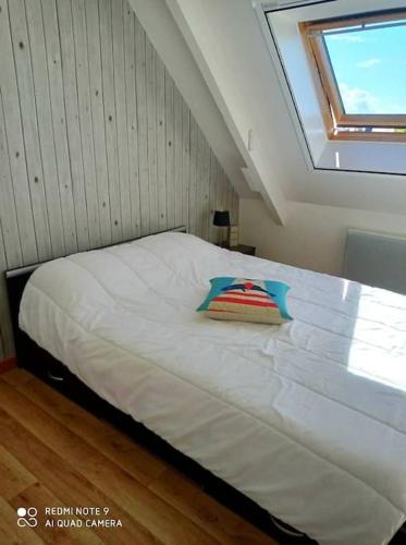 une chambre avec un grand lit avec une fenêtre dans l'établissement appartement T2 près de la plage, à Penmarcʼh