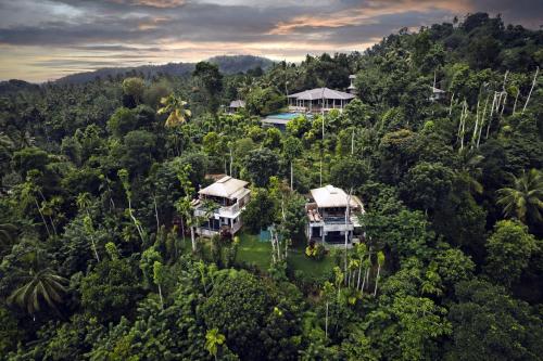 an aerial view of a house in the forest at Aarunya Nature Resort and Spa in Kandy