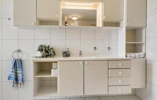 a white kitchen with a sink and shelves at 6 Bedroom Stunning Home In Højer in Højer